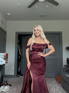 JJs House Burgundy Off-Shoulder Satin Prom Dress